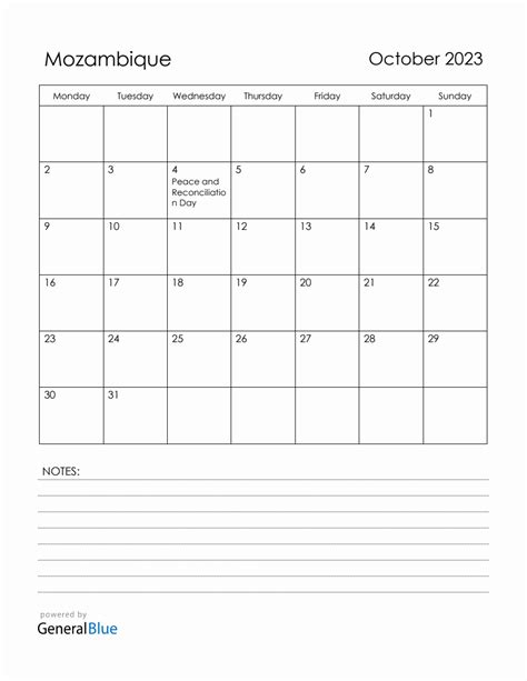 October 2023 Mozambique Calendar With Holidays