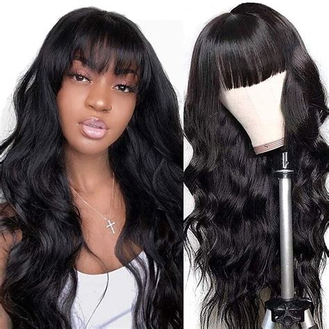 Long Wavy Black Wigs With Bangs Body Wave None Lace Glueless Wig Heat