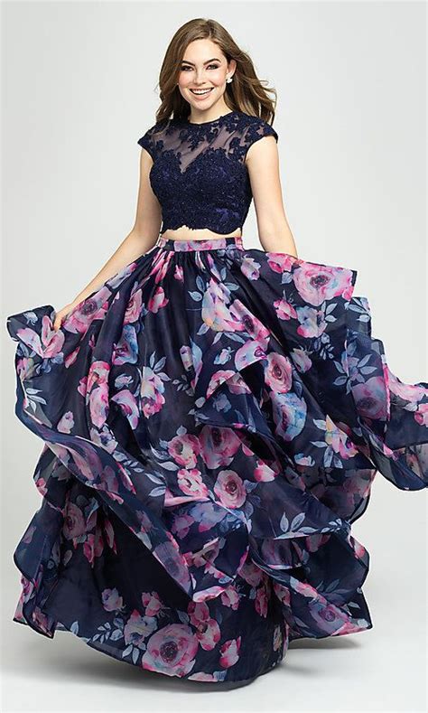 Two Piece Navy Floral Print Prom Dress With Beads Printed Prom