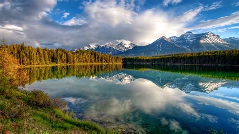 X Reflection Mountains Forest Sky Clouds Rainbow Lake