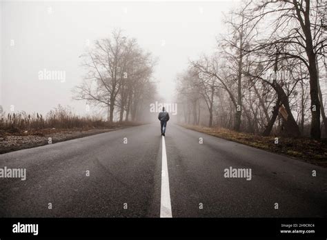 Man Walking In A Foggy Autumn Landscape Lonely Man Walking In Fog