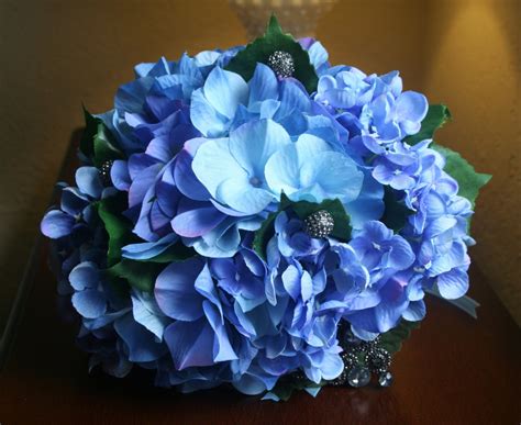 Blue Hydrangea Bouquet And Boutonniere Set With Vintage Inspired Rhinestone Jewelery Rustic