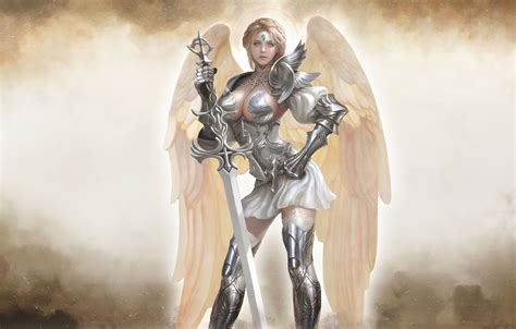 Photo Wallpaper Girl Blonde Armor Angel Girl Sword Fantasy Art Woman Warrior Angel