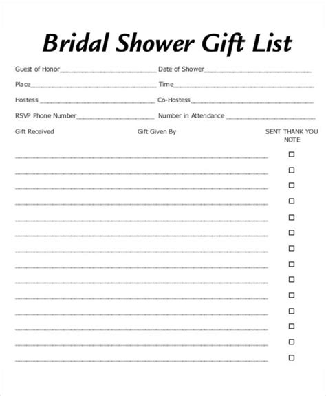 Free Printable Bridal Shower Gift List Template