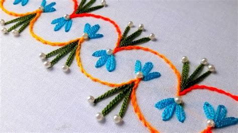 Hand Embroidery Design Lazy Daisy With Stiam Stitch For Border Design