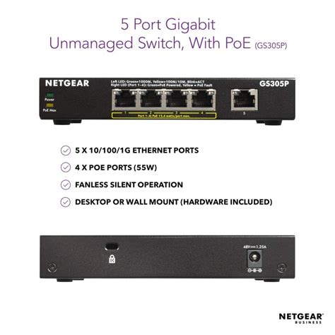 Netgear 5 Port Gigabit Ethernet Unmanaged Poe Switch Gs305p Supertstore