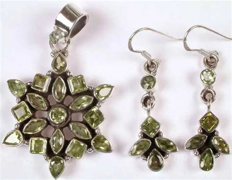 Faceted Peridot Pendant With Matching Earrings Set Exotic India Art