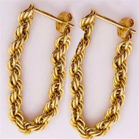 Gold Chain Earrings 14 Karat Yellow Gold Dangle Loop Hoop Earrings