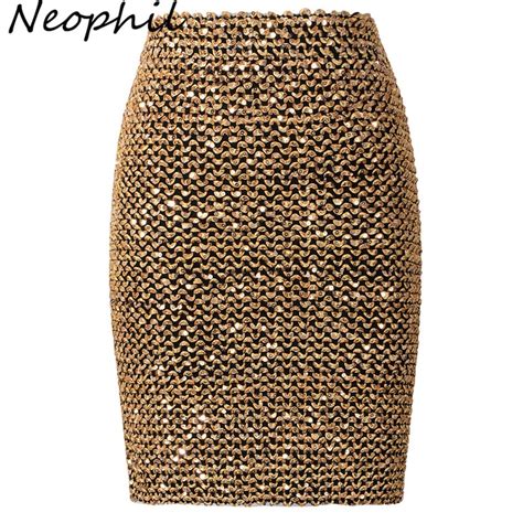 Neophil 2022 Spring Women Sequined Patchwork Shinny Pencil Mini Skirts