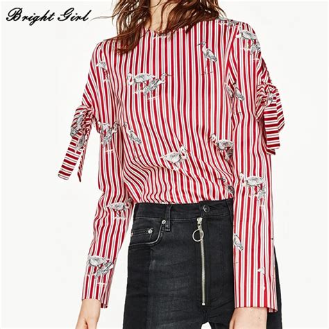 Bright Girl Red Striped Women Blouse Shirt 2017 Casual Long Sleeve Shirt Fashion Slim Women Tops