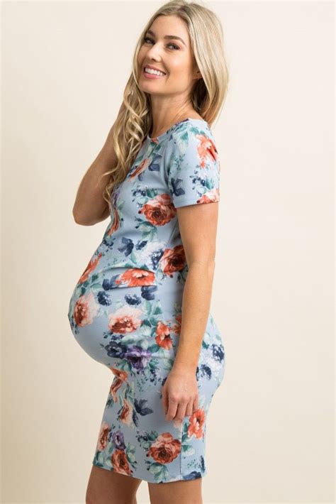Light Blue Floral Ruched Fitted Maternity Dress Fitted Maternity