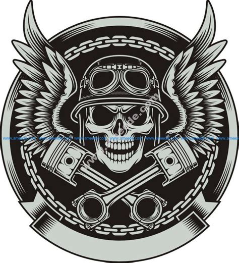 Vintage Biker Skull With Wings And Pistons Emblem Free Download
