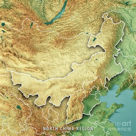 North China Region 3d Render Topographic Map Color Border Digital Art