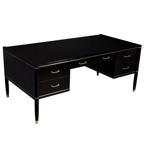 Custom Made Black Lacquered Office Writing Desk With Brass Inlay By