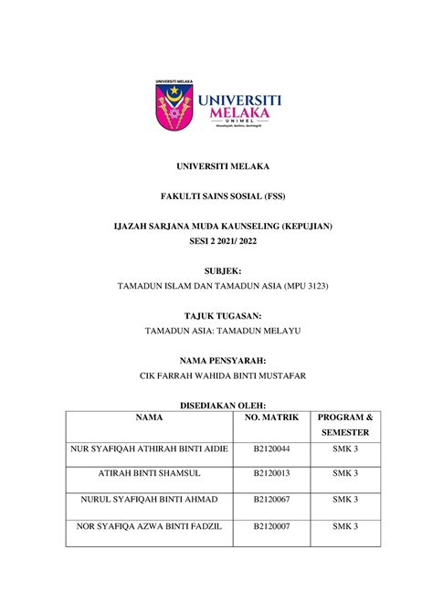Titas Tamadun Melayu Universiti Melaka Fakulti Sains Sosial Fss Ijazah Sarjana Muda