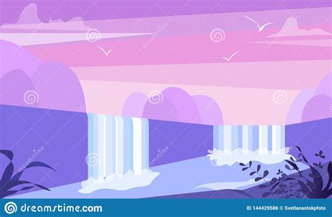 Cute Flat Landscape Illustration With Mountain Waterfall And Lake