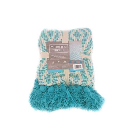 Outdoor Throw With Fringe Teal Ivory 50 In X 60 In
