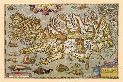 iceland 1590s ortelius vintage historic sea monster map 24x36 ebay