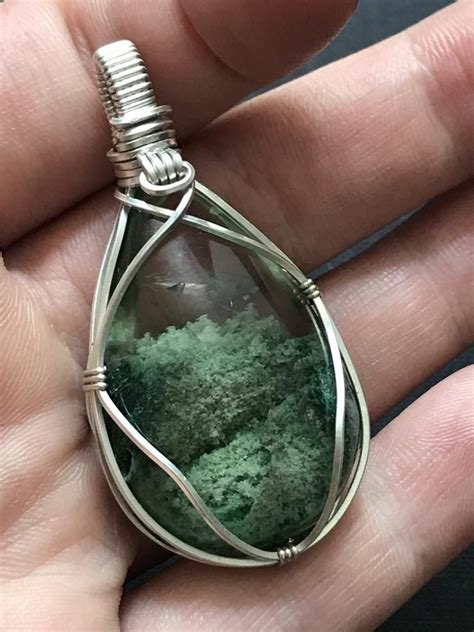 Rare Sterling Silver Wire Wrapped Green Phantom Crystal Pendant