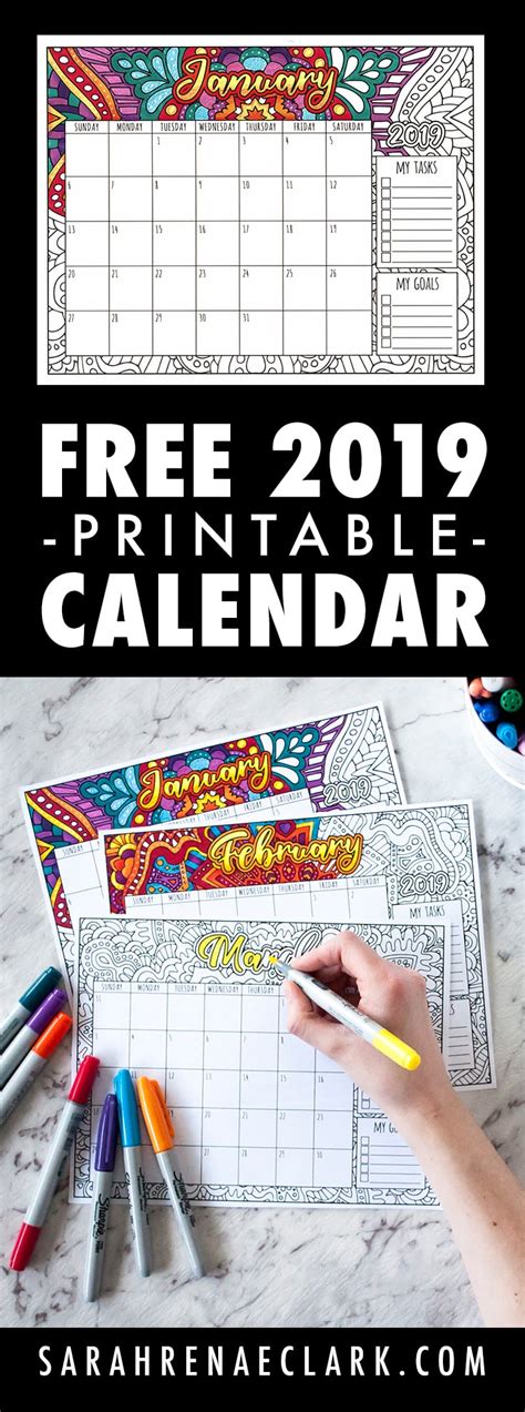 Free 2019 Printable Coloring Calendar By Sarah Renae
