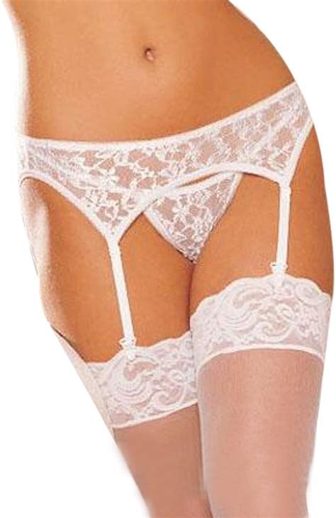 Amazon Com Coxeer Lace Garter Belt Panties Sheer Stockings Lingerie Set For Women S White