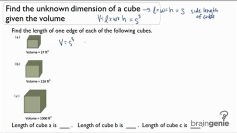 Find the length of its sides. 1.2.2 Find the unknown dimension of a cube given the ...