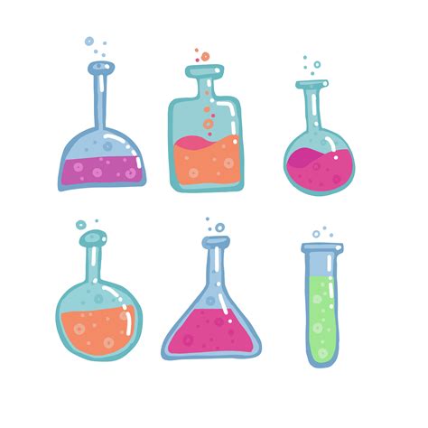 Set Of 6 Chemistry Test Tubes Different Shapes Flasks Vector Color