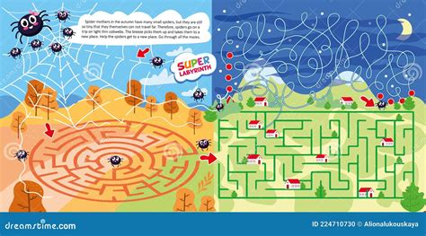 Spider In Super Maze Logic Game Printable Template Stock Vector