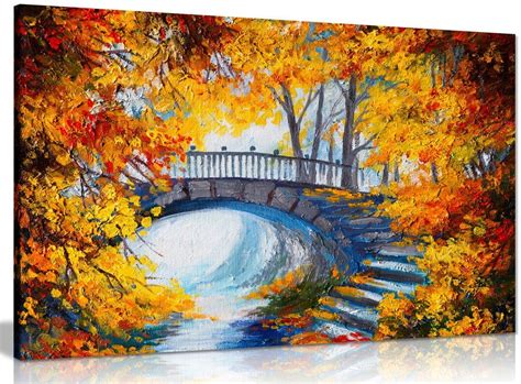 Abstract Oil Painting Autumn Forest Bridge Canvas Wall Art Picture