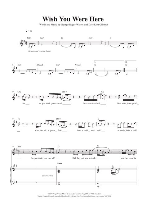 Pink Floyd Wish You Were Here Sheet Music And Chords Printable Lead