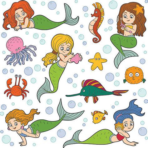 Mermaid Shells Fish And Seaweed Illustrations Royalty Free Vector
