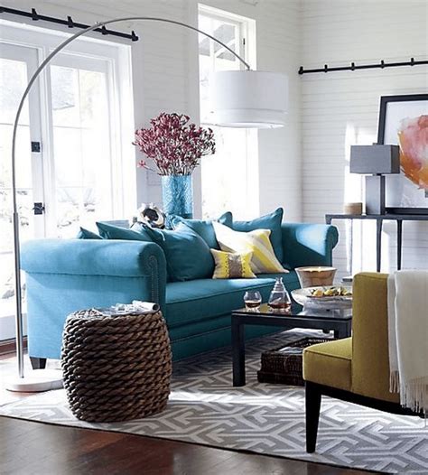 Mustard And Grey Colour Scheme With Blue Sofa Teal