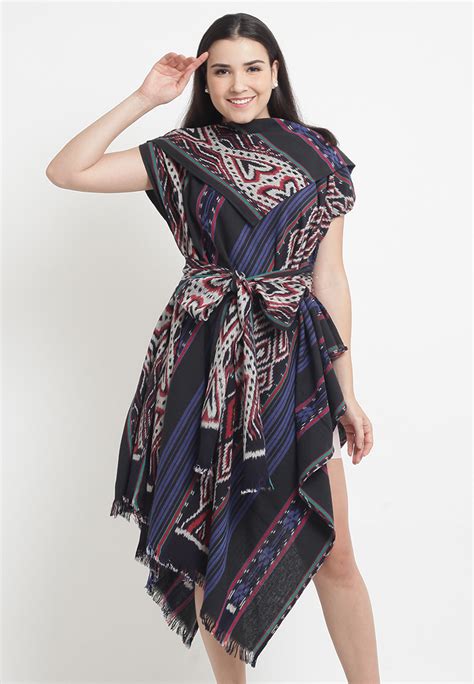 Dress batik asimetris bahan : Dress Tenun Etnik Wanita Geraldine Asimetris-BlackBlue - Batik Etniq Website