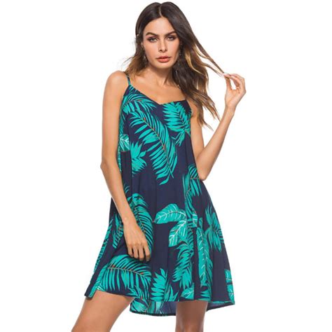 Feitong Off Shoulder Tropical Leaves Summer Dress Women Strap A Line