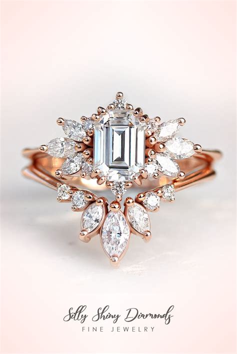Emerald Cut Moissanite Engagement Ring Vintage Cluster Moissanite Ring