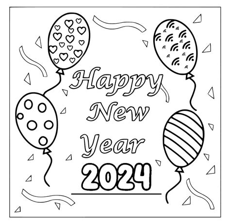 風船で新年あけましておめでとうございます 2024 印刷可能ぬりえ無料ダウンロード