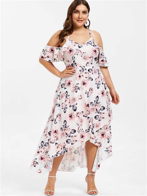 Wipalo Plus Size Floral Print Asymmetrical Dress Ruffle Trim Bohemia High Low Summer Dress Women