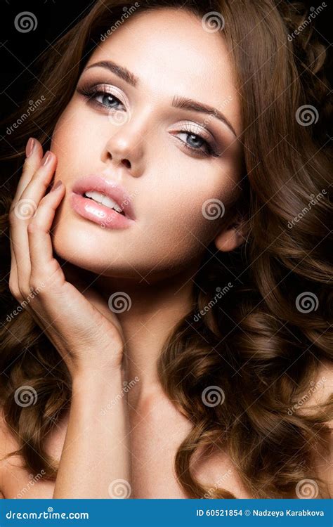 Close Up Portrait Of Beautiful Woman With Bright Make Up Stock Photo