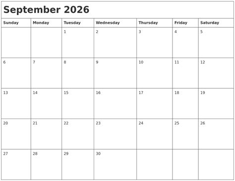 September 2026 Month Calendar