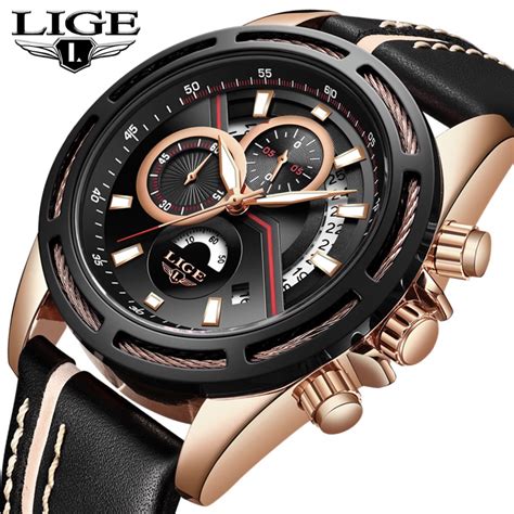 LIGE Design Fashion Brand Men Watches Leather Sport Date Chronograph