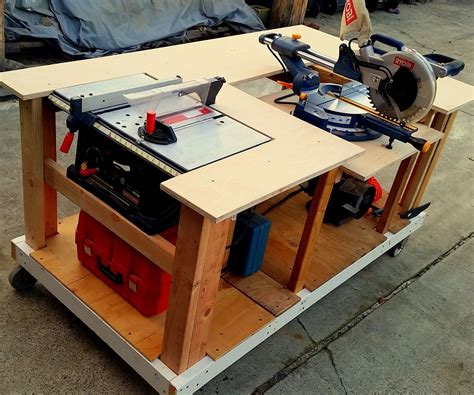 Mobile Workbench With Built In Table And Miter Saws Woodworking Tools