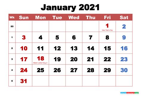 January 2021 Calendar With Holidays Printable Free