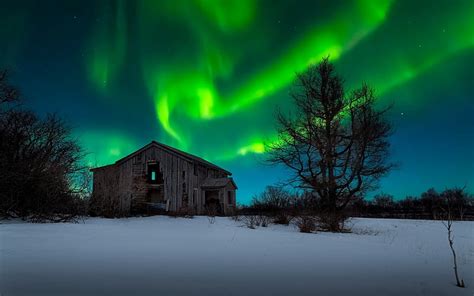 Boreal Landscape House Aurora Borealis Lights Night Winter Hd