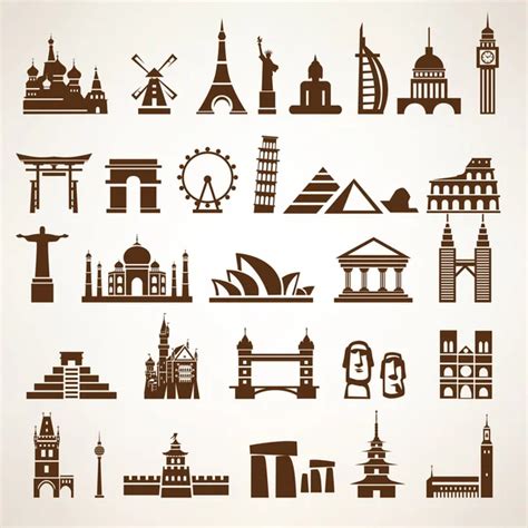 World Travel Landmarks Silhouettes Icons Set Stock Vector Image By