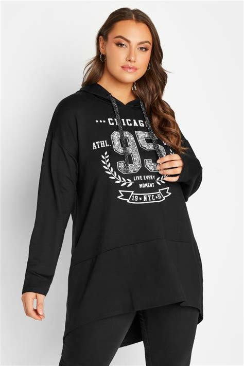 Plus Size Black Chicago Print Dipped Hem Hoodie Yours Clothing