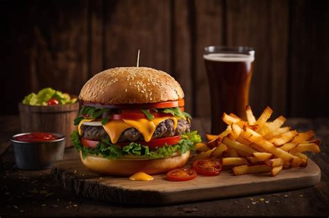 Premium Photo Delicious Grilled Burger Isolated With Cold Drink And Fries