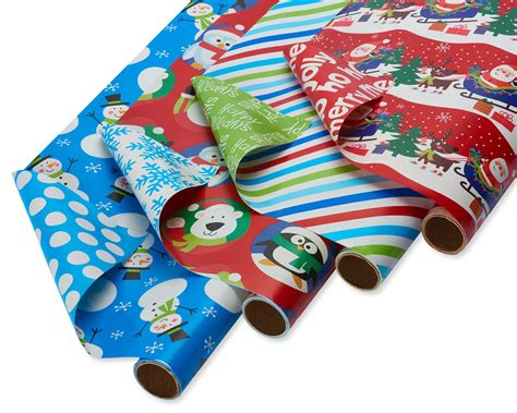 american greetings reversible christmas wrapping paper blue and red snowmen santa stripes and
