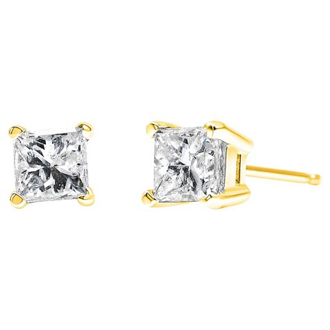 Ags Certified 14k Yellow Gold 14 Carat Princess Solitaire Diamond Stud