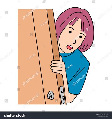 Girl Hides Behind The Door White Isolated Background Illustration