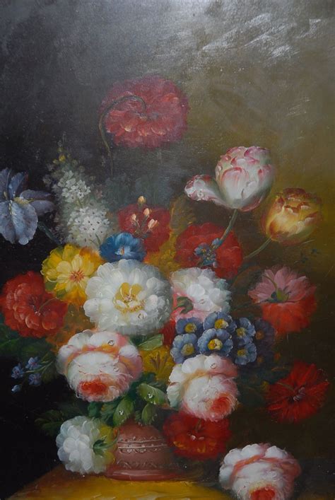 Beautiful Fine Oil Painting On Board In Frame Flowers In